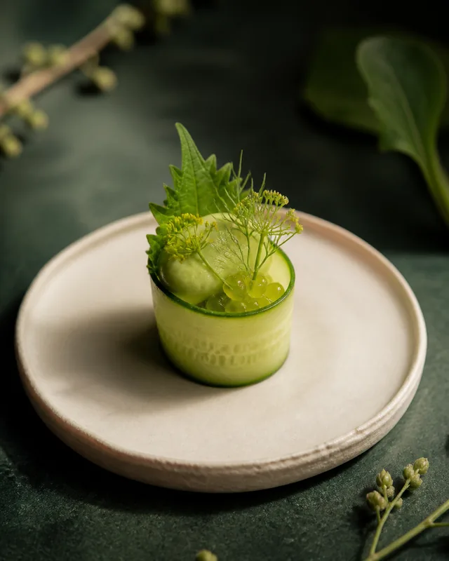 A cucumber ribbon filled with avocado mousse and delicate green herbs