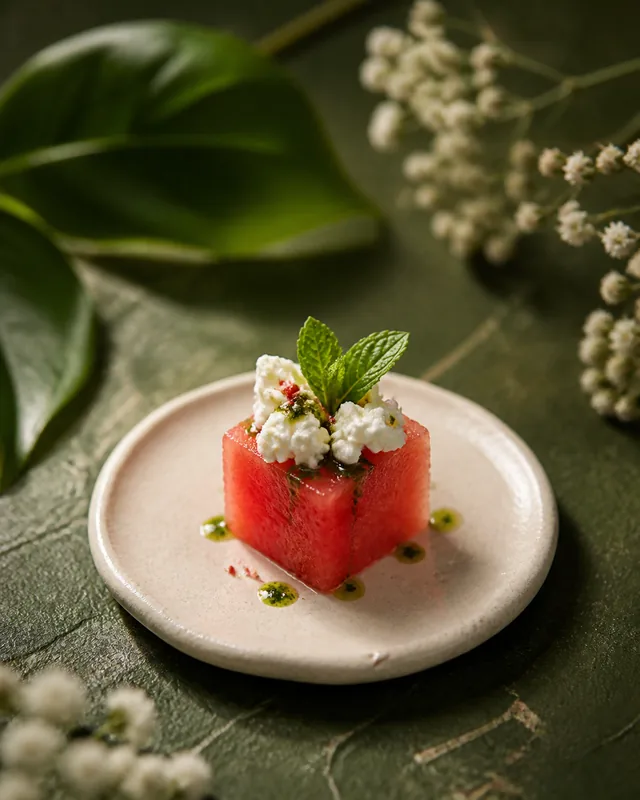 A ruby watermelon bite with plant-based feta, mint and basil oil